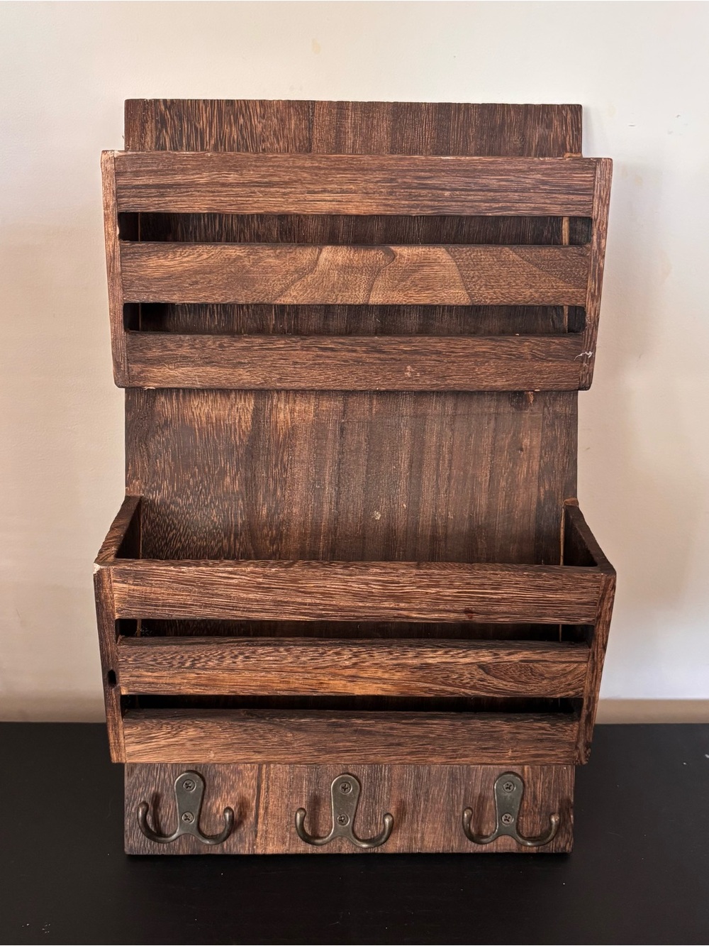 Rustic Wooden Wall Organizer with Hooks - Brown